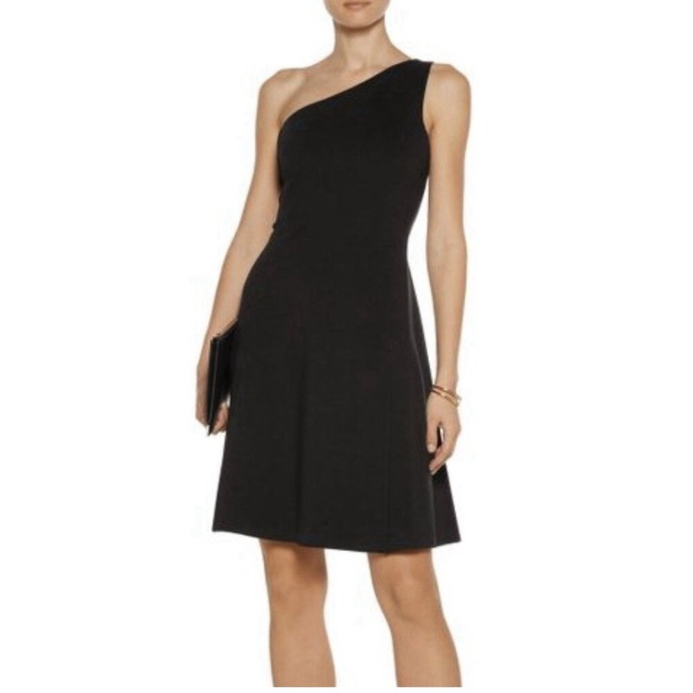 Theory One Shoulder Little Black Dress Sz 8 Solid Party Cocktail Wool Silk
